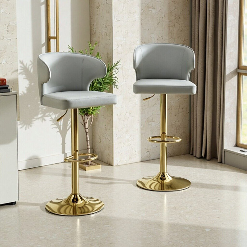 Ensemble de 2 chaises de bar rotatives réglables avec dossier en cuir PU d'une capacité de 300 lb, Doré, gris