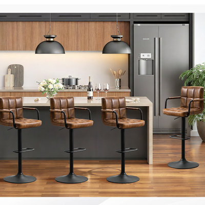 4piece-adjustable Light Brown Height Swivel Upholstered  Barstool With Metal Frame