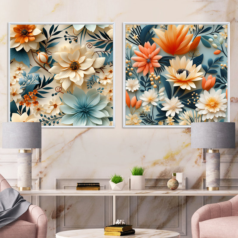 Terre cuite chaude et motif floral floral bleu - ensemble de collage floral carré carré de 2, Cadre flottant blanc