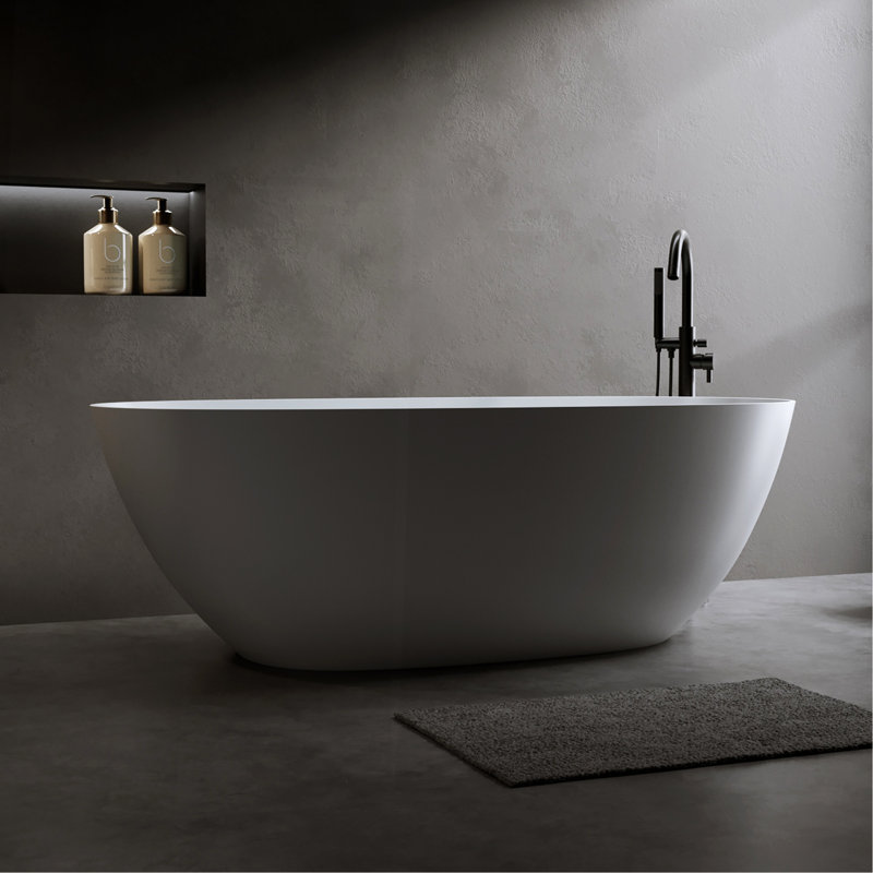 61'' Freestanding Bathtub Resin Stone Soaking Bathtub Solid Surface Modern Tubs With Overflow And Pop-Up Drain In White