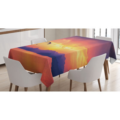 Ambesonne Sports Tablecloth, Paragliding Silhouette Over Sea At Sunset With Reflection Of Sun Epic Ocean Scenery, Rectangular Table Cover For Dining Room Kitchen Decor, 52" X 70", Orange