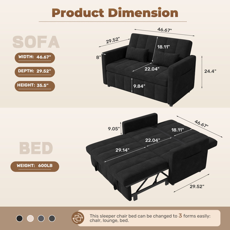 Sleeper Sofa Bed, 3-in-1 Convertible Pull Out Couch With Adjustable Backrest For Living Room, Loveseat Sofa Bed With Side Pockets, Easy Assembly, 1 Pcs