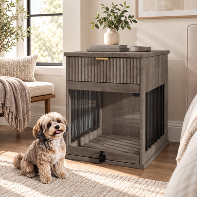 Dog Crate End Table with Hidden Glass Door and Charging Station