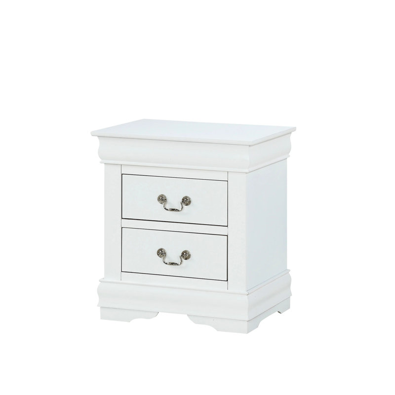 Table de chevet blanche en bois massif avec 2 tiroirs, style transitionnel, anglais, table de chevet à poignées en laiton antique, bois, style, fabrication, poignées de rangement