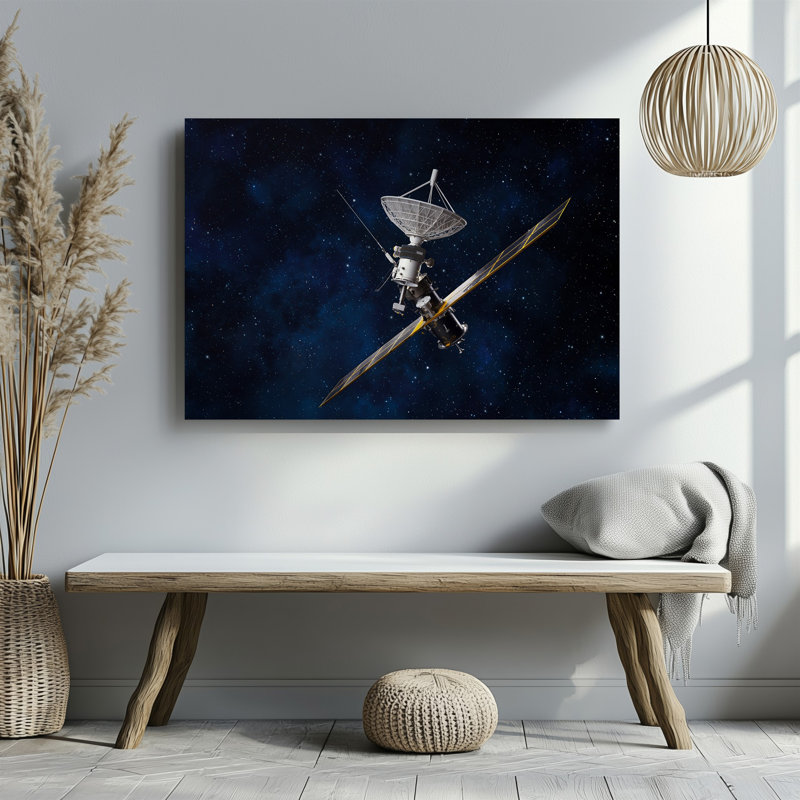 Toile, un vaisseau spatial détaillé ressemblant à une sonde de l'espace profond flotte majestueusement, art mural sur fond noir
