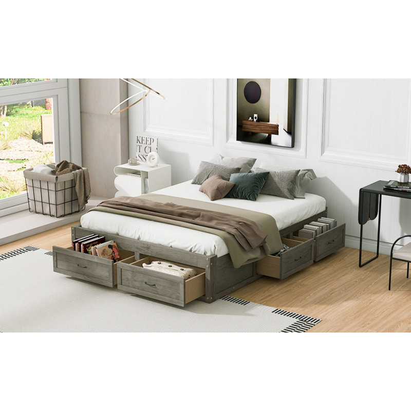 Grand lit plateforme avec 6 tiroirs de rangement, gris antique, Gris antique