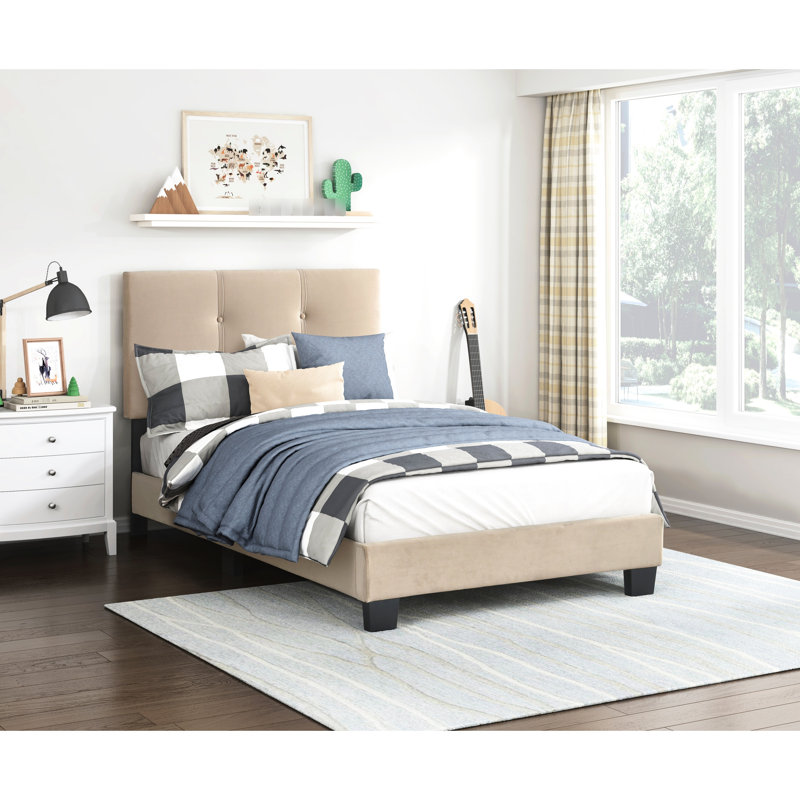 Lit simple en bois massif avec tête de lit en velours brun et revêtement réglable