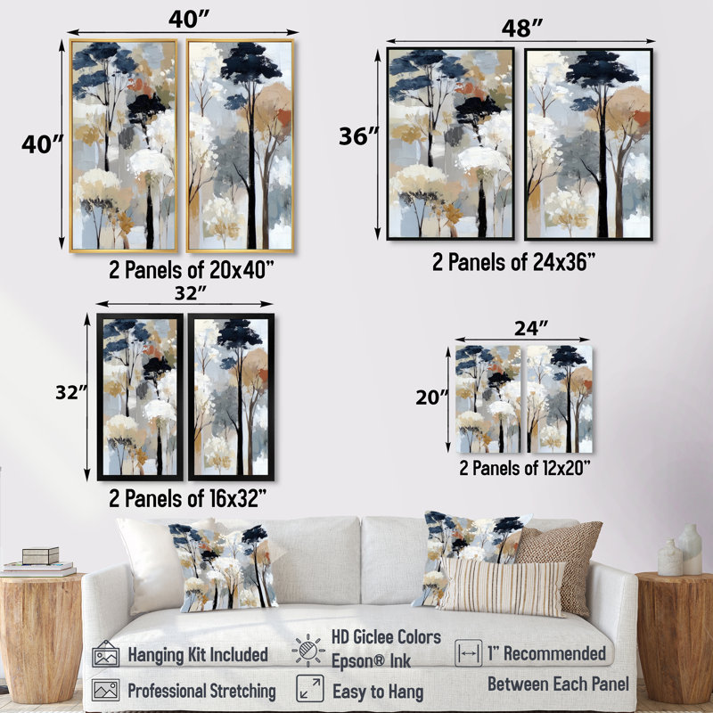 «White and Black Birch Trees Forest Panorama», art sur toile de bouleau, art mural blanc nature 2 pièces, H 32 po x l 32 po