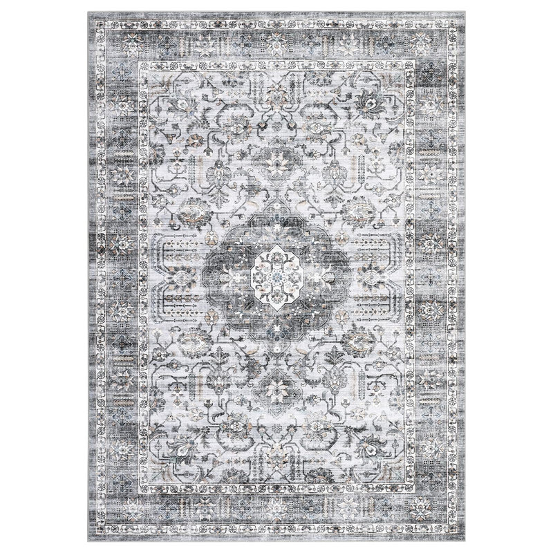Large Dining Room Rugs 10x13 Medallion Accent Carpet with Non Slip Backing, Non Shedding Traditional Indoor Mats, Machine Washable Thin Floor Cover for Bedroom, Kitchen
