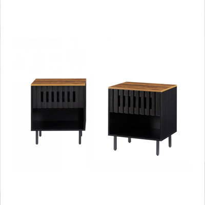 2 Set Nightstands With Grille Striped Doors, Mid Century Modern Nightstand, Bedside Table With Slatted Drawer Decor, End Tables Bedroom With Metal Legs, Night Stand