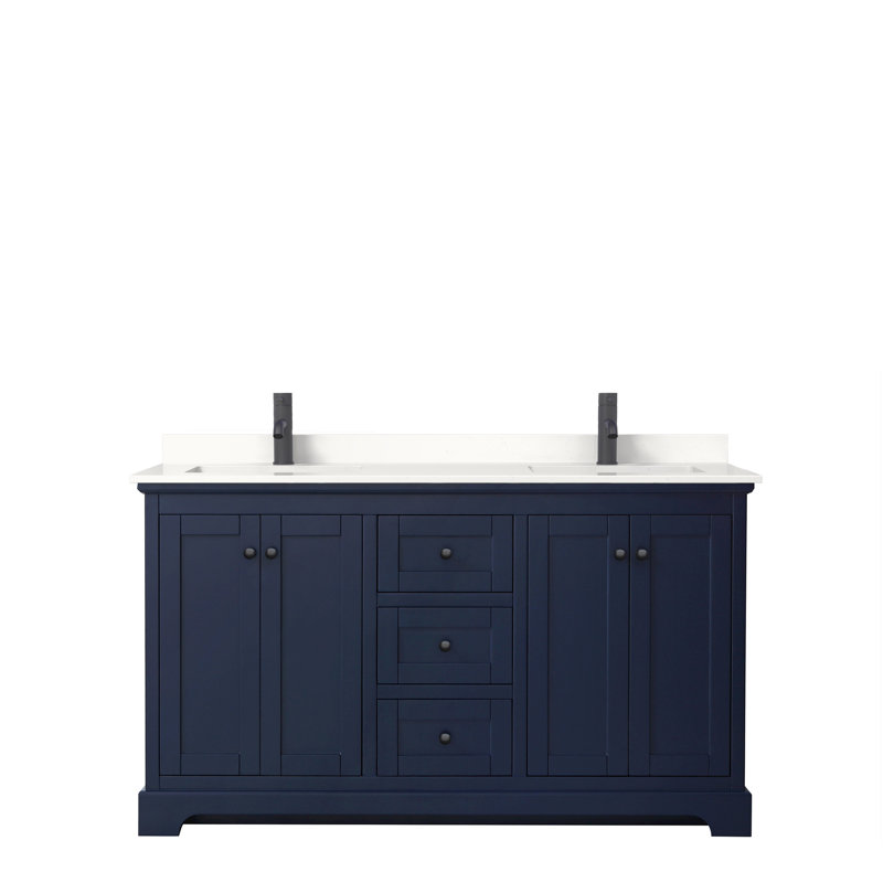 Avery 72'' Double Bathroom Vanity with Marble Top, Light Vein Carrara Cultured Marble, Dark Blue, Polished Chrome