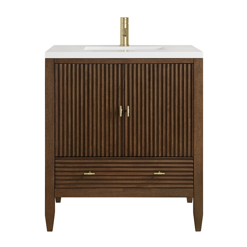 Myrrin 30" W Single Vanity, Single-Hole, White Zeus Silestone with Backsplash, Mid-Century Walnut
