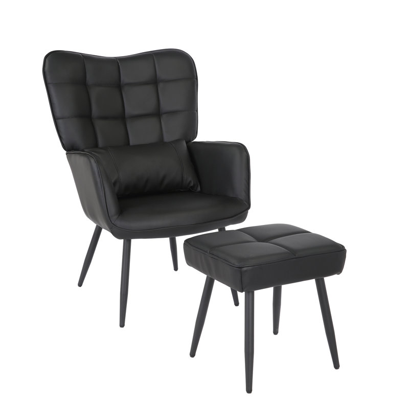 Chaise avec accoudoirs larges 28 po avec tabouret Lakara, Similicuir noir