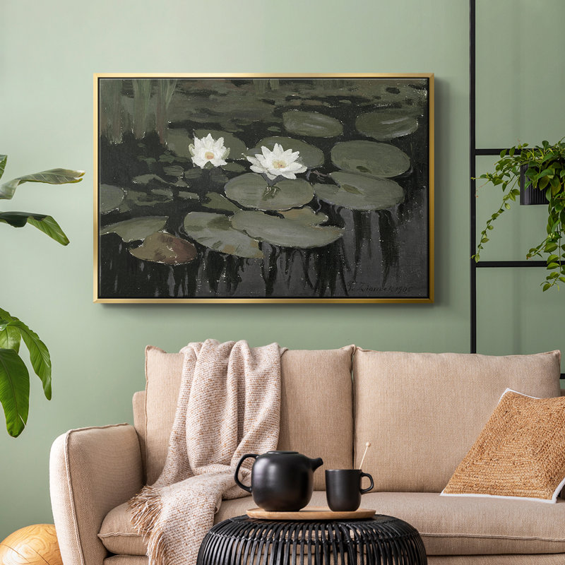 Paysage rétro - CDXLVII, Toile avec cadre flottant or, H 17 po x l 25 po x P 2 po