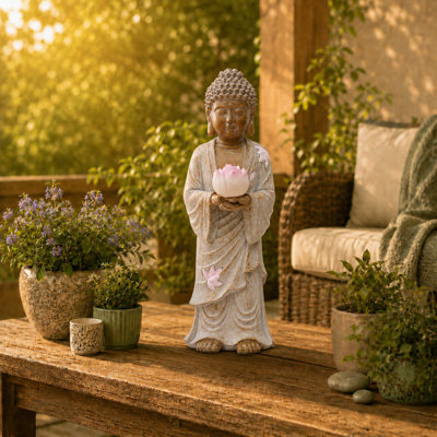 Statue de Bouddha solaire debout de 14,5 po de hauteur: décoration zen en résine imperméable avec les deux mains tenant le lotus et la lumière - décoration de jardin de patio (blanc)