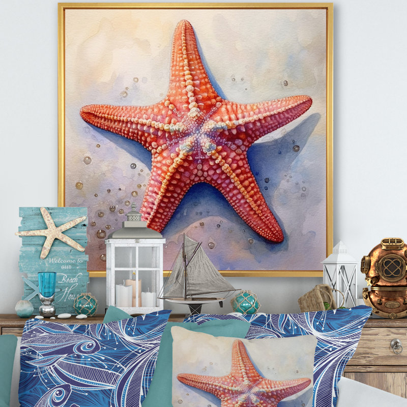 Étoile de mer Spinny III - art côtier sur toile, 24" H x 24" W, Cadre flottant doré