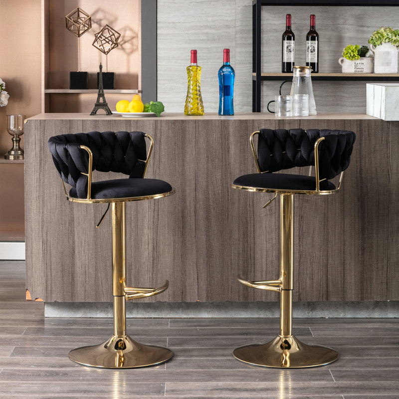 2 tabourets de bar, revêtement en velours, pieds dorés, siège pivotant et réglable en hauteur, repose-pieds et base, siège réglable en hauteur,