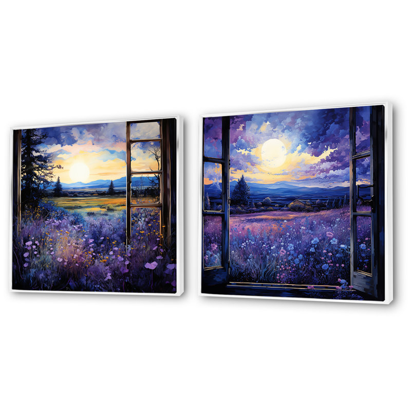 Lavande Horizon Country Side Windows I - ensemble de 2 reproductions d'art de ferme, Cadre flottant blanc
