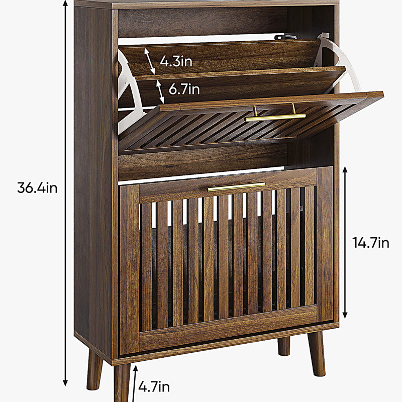 23.6-inch walnut shoe cabinet, medieval modern independent shoe cabinet, fence shoe cabinet with 2 flip drawers
