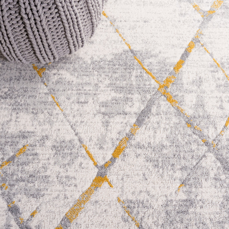 Ramm Geometric Machine Woven Polyester Area Rug in Gray/Gold, Runner 2'2" x 8'