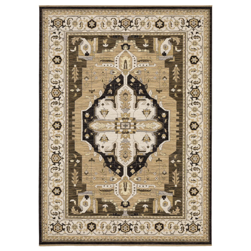 Tenneille Vintage Center Medallion Tan/ Black Wool Blend Area Rug, Rectangle 9'10" x 12'10"