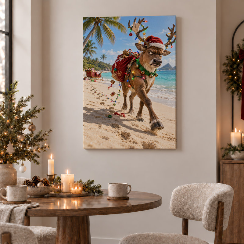 «Reindeer in Santa Hat on Tropical Beach», art mural sur toile, 24"H x 16"W