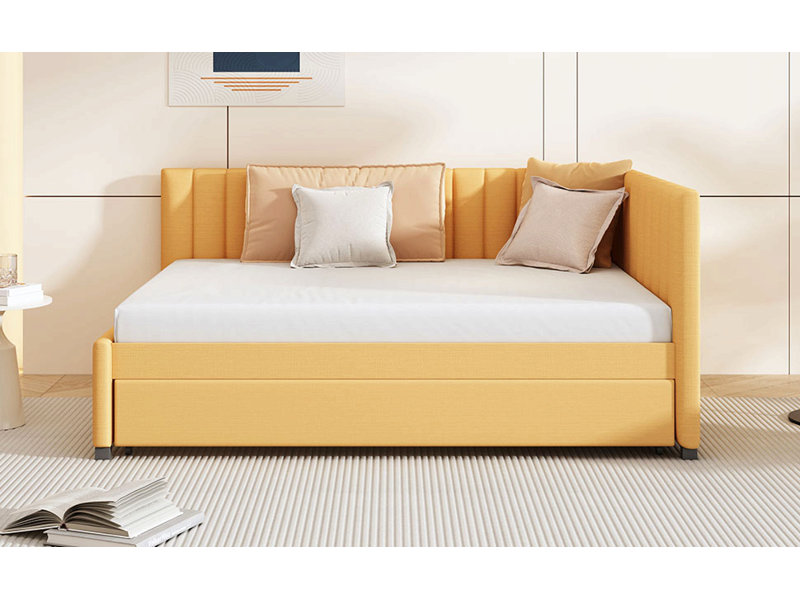 Full Size Upholstered Daybed With Trundle Sofa Bed Frame No Box Spring Needed, Linen Fabric, Yellow