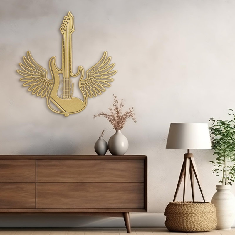 Guitare électrique avec aile minimaliste moderne abstrait décoratif décoratif suspendu, H 36 po x l 33,96 po x P 0,05 po