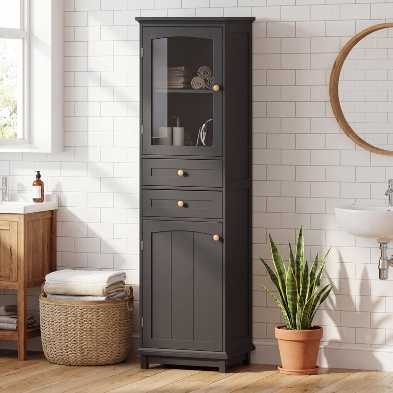 Armoire de rangement de 63 po de hauteur avec portes en verre, armoire blanche autoportante avec 2 tiroirs et tablettes réglables