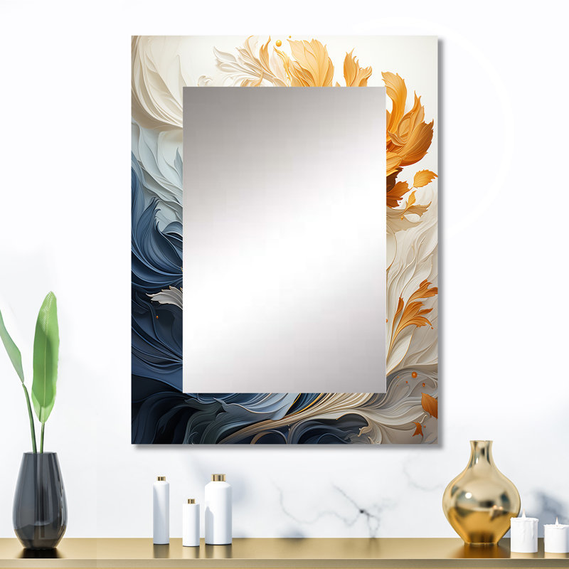 Élégance de vague ornementale rétro bleu et orange - formes abstraites, miroir mural, grand miroir orange, impression d'art en métal