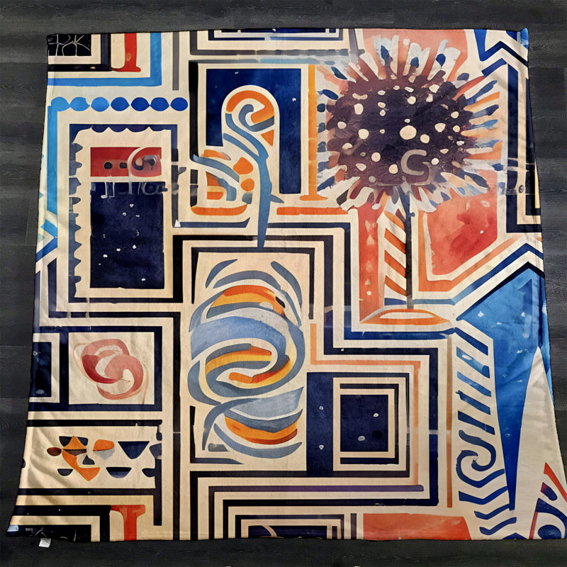 Throw Blanket, 68" W x 80" L, Orange/Blue/Black, Floral/Abstract