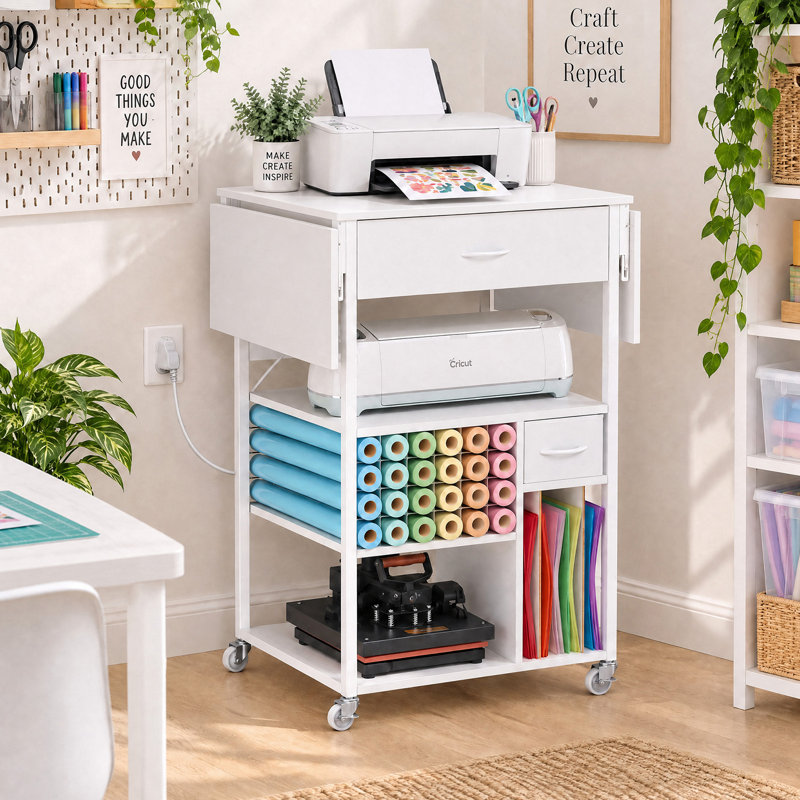 Table de presse à chaud de 108 cm (42,5 po) avec 24 supports pour rouleaux de vinyle, station de charge, tiroirs et étagères ouvertes, chariot de bricolage robuste à roulettes