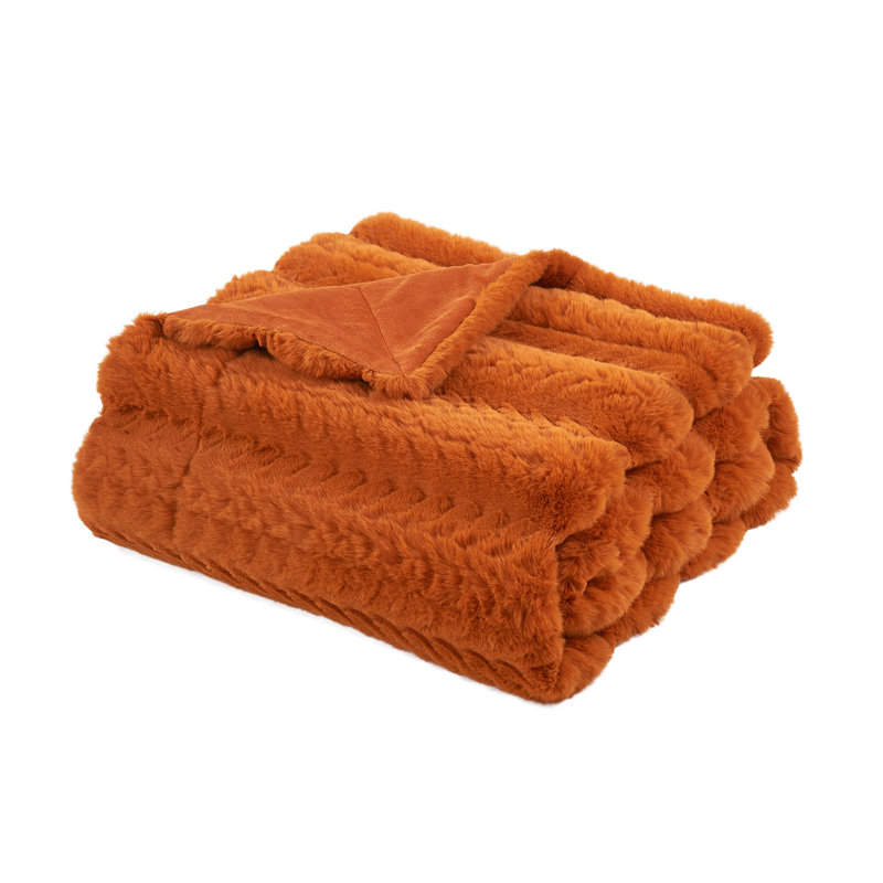 Jeté en fausse fourrure de lapin, Orange brûlé, 60 po x 70 po