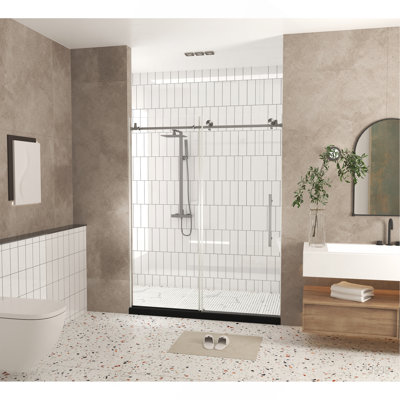 Frameless shower door 44-48 "W x 76" H, 1/4 "(6 mm) Clear Tempered Glass, Explosion Proof Film, Stainless Steel Handle,Brushed Nickel