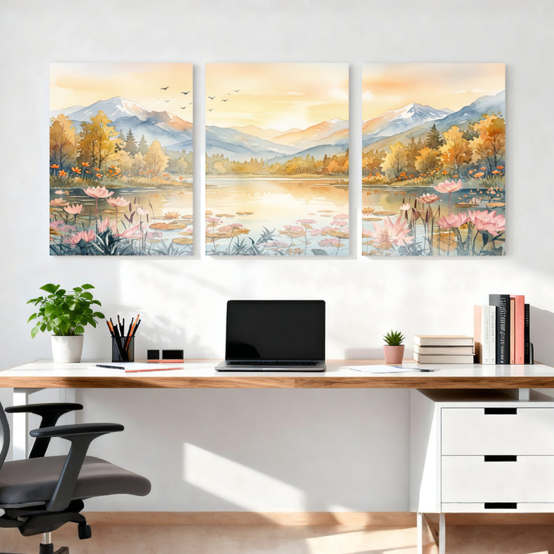 Ensemble de 3 tableaux sur toile tendue représentant un paysage d'automne avec montagnes, lac et nénuphars, 1218