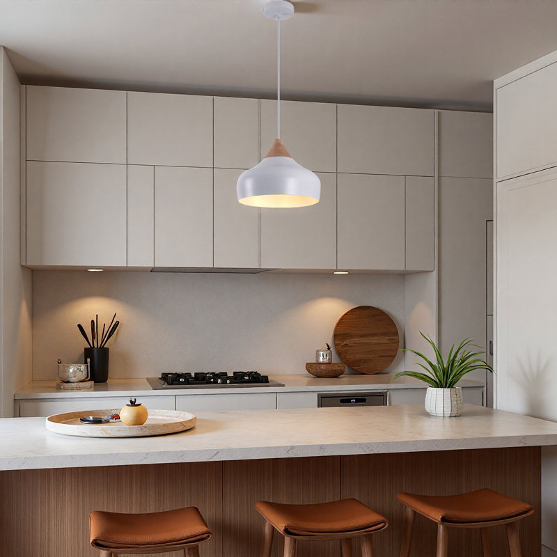 Luminaire suspendu 13 po blanc mat à 1 lumière avec plateau en bois massif, plafonnier moderne réglable avec abat-jour en métal