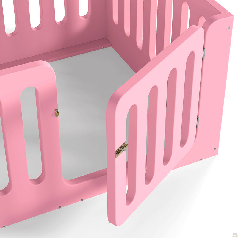 Lit simple au sol avec clôture haute pour enfants, lit Montessori pour enfants en bois massif avec porte à profil bas et sans sommier, rose