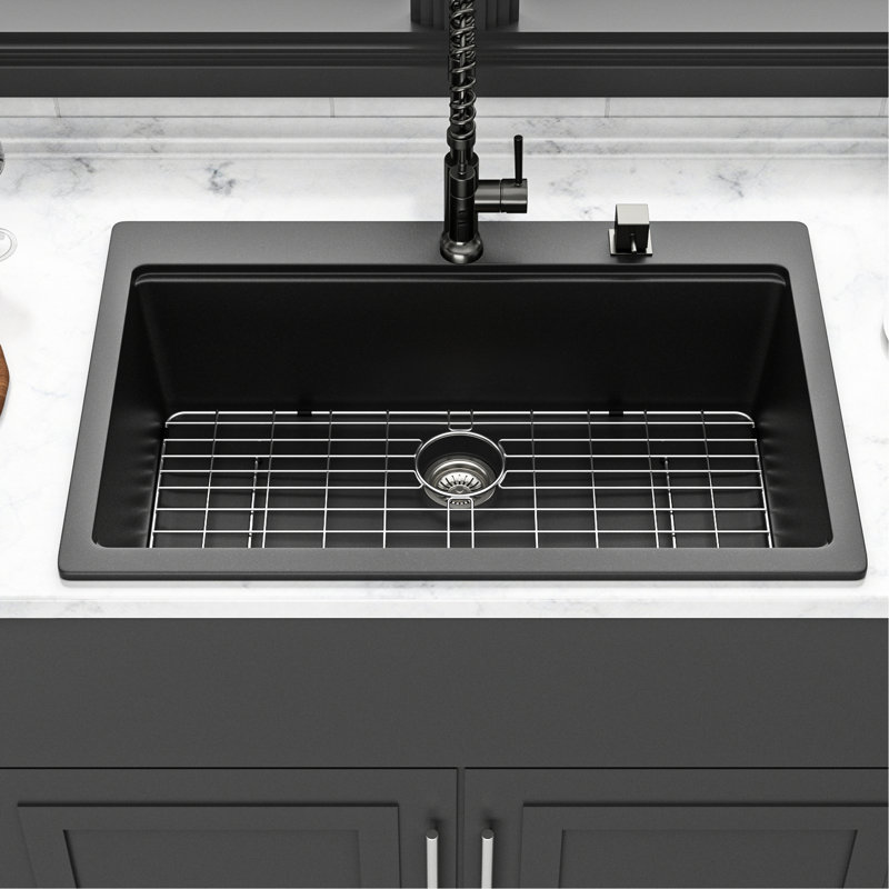 Évier de cuisine encastré en quartz 33 po x 22 po, fabriqué en quartz, élimine le bruit, la surface dure et anti-rayures, est livré avec des accessoires d'installation en pierre épaisse pour le calme, surface poreuse