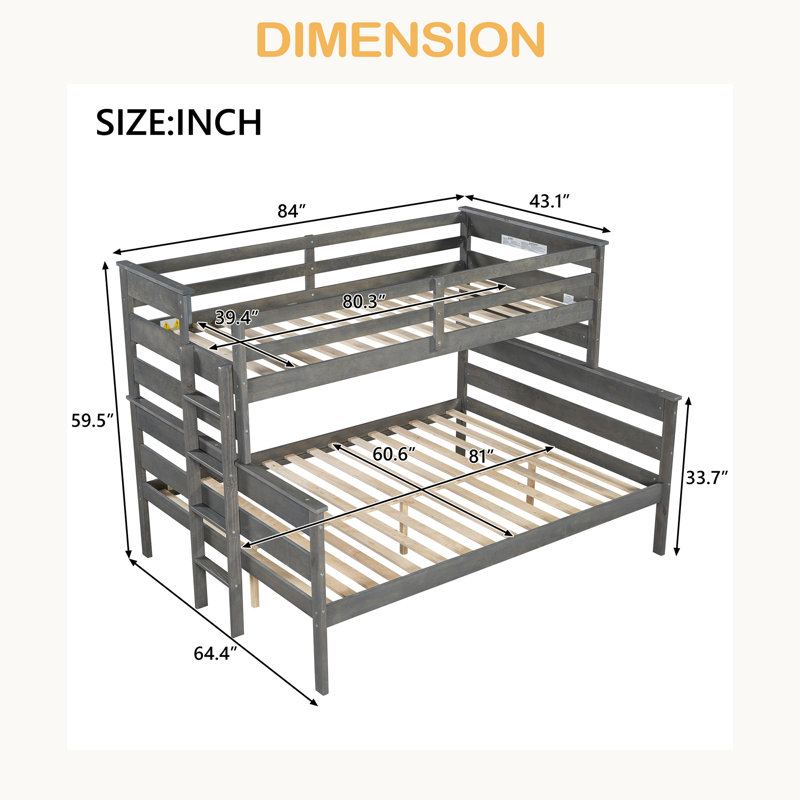 Wood Twin XL Over Queen Bunk Bed With Ladder, Gray