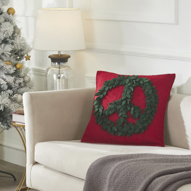 Hand Felted Wool Pillow – Green Peace Sign On Red – 20", Pillow (includes insert)