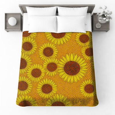Yellow Sunflower Illustration Quilted Bedspread All Sizes