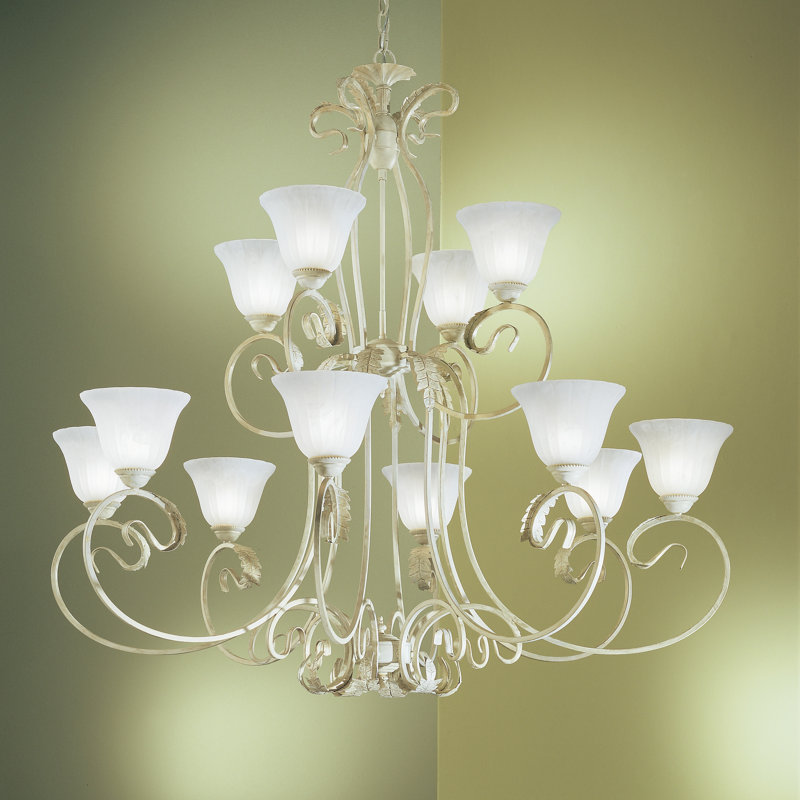 Lustre classique/traditionnel 12 lumières ombrées Manilla, Bronze anglais, Verre d'albâtre blanc