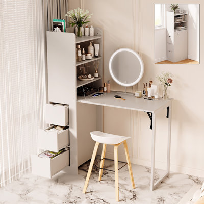 Space-Saving Wall-Mounted Foldable Desk with Storage and Power Outlet, White,Tall Version