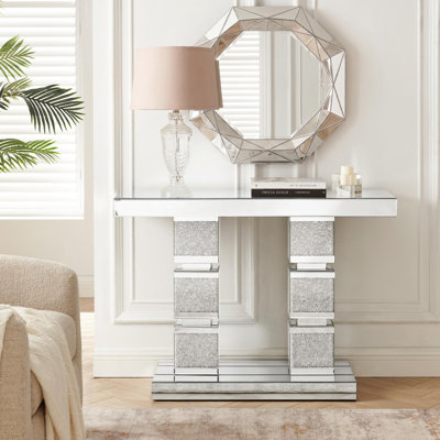 Console étroite en miroir avec incrustation de pilier en forme de cube écrasé, table d'appoint décorative en verre argenté, table de canapé décorative pour le vestibule et le salon