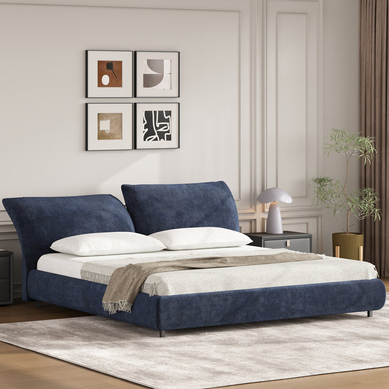 Miheli Upholstered Bed With Adjustable Headboard & Wooden Frame, Dark Blue, Queen
