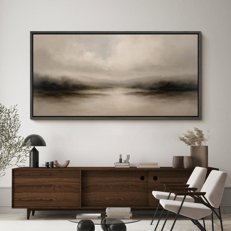Large Framed Canvas Print Wall Art - Neutral Abstract Landscape Print for Minimalist Modern Wall Decor, Black, 30" H x 60" W