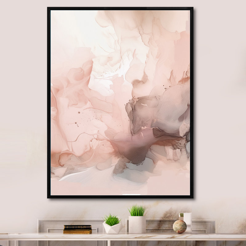 Rose délicat, marbre abstrait I - art mural abstrait en marbre, H 32 po x l 16 po x P 1 po, Cadre flottant noir