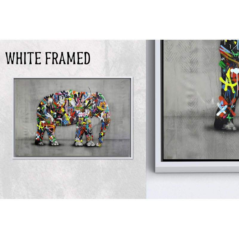 Élégant imprimé sur toile éléphant Banksy: Graffiti Art Decor, 1P WhiteFramedCanves, H: 47,3 po x l: 82,7 po