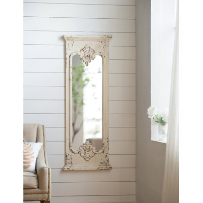 Miroir pleine grandeur 59 po, cadre en bois massif blanc vieilli 21,5 po x 59 po, miroir de sol rétro style campagne pour chambre à coucher, vestibule, salon, couloir