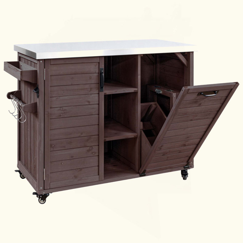 Ettie 78.3" Outdoor Kitchen Island with Foldable Table & Tilt-Out Trash, Dark Brown